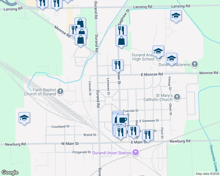 map of restaurants, bars, coffee shops, grocery stores, and more near 110 West Oakland Street in Durand