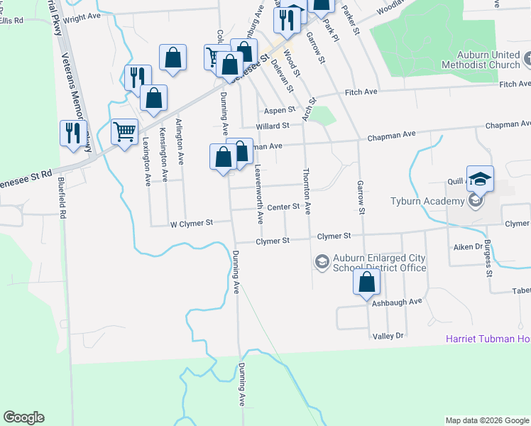 map of restaurants, bars, coffee shops, grocery stores, and more near 25 Leavenworth Avenue in Auburn