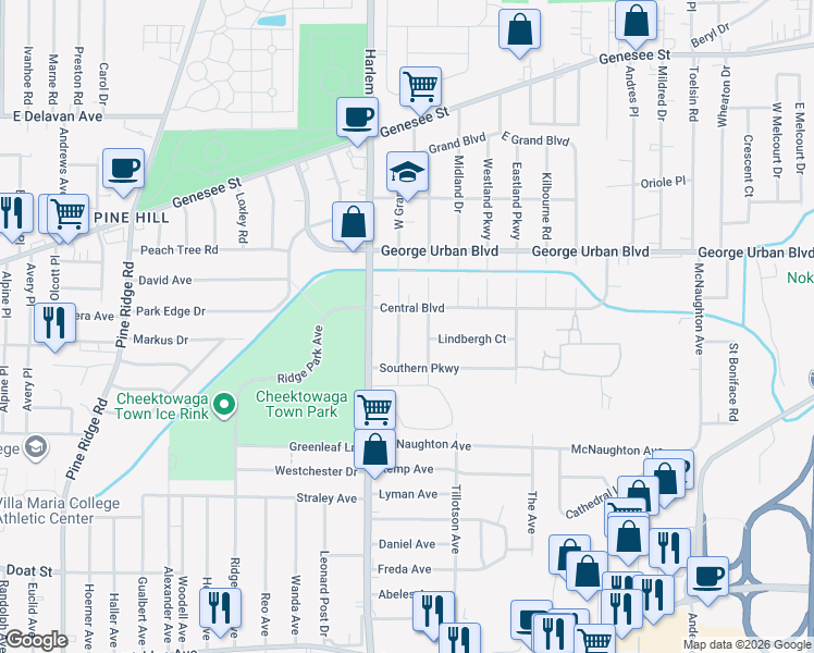 map of restaurants, bars, coffee shops, grocery stores, and more near 55 West Grand Boulevard in Buffalo