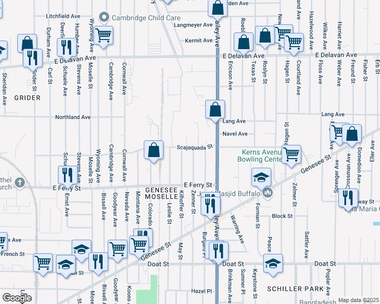 map of restaurants, bars, coffee shops, grocery stores, and more near 168 Zenner Street in Buffalo