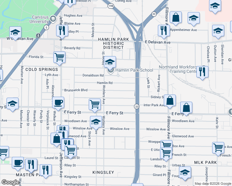 map of restaurants, bars, coffee shops, grocery stores, and more near 168 Butler Avenue in Buffalo