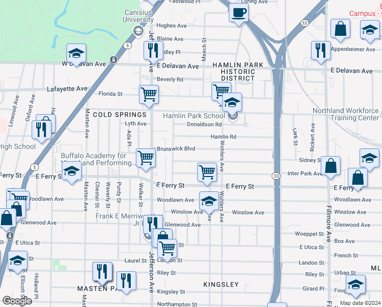 map of restaurants, bars, coffee shops, grocery stores, and more near 44 Butler Avenue in Buffalo