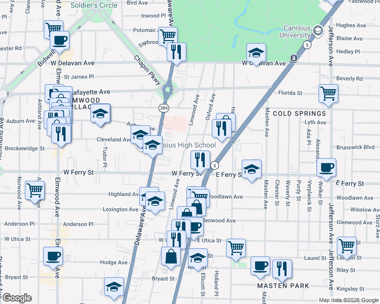 map of restaurants, bars, coffee shops, grocery stores, and more near 42 Oxford Avenue in Buffalo
