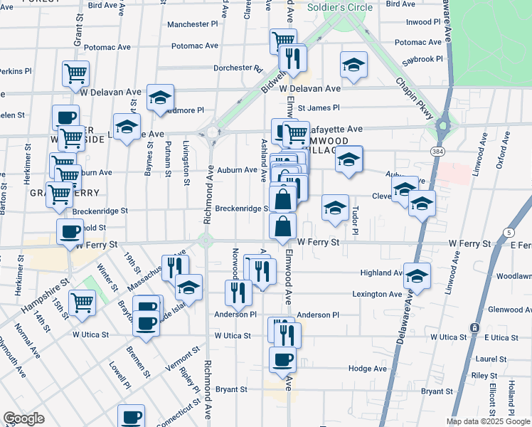 map of restaurants, bars, coffee shops, grocery stores, and more near 424 Ashland Avenue in Buffalo