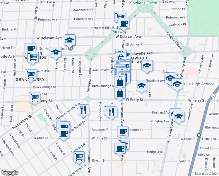 map of restaurants, bars, coffee shops, grocery stores, and more near 424 Ashland Avenue in Buffalo