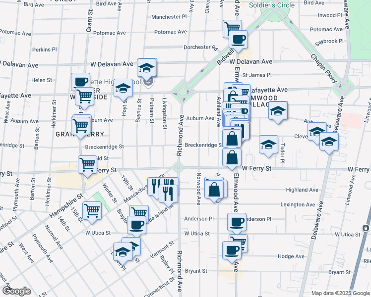 map of restaurants, bars, coffee shops, grocery stores, and more near 515 Richmond Avenue in Buffalo