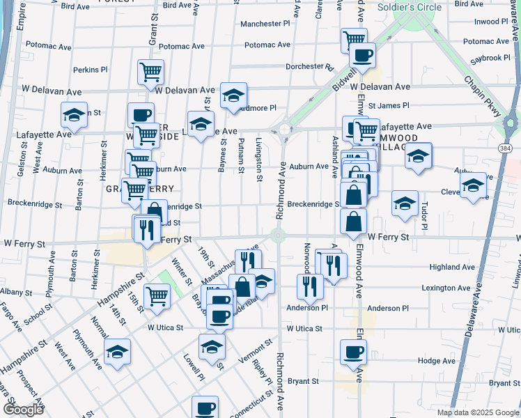 map of restaurants, bars, coffee shops, grocery stores, and more near 32 Livingston Street in Buffalo