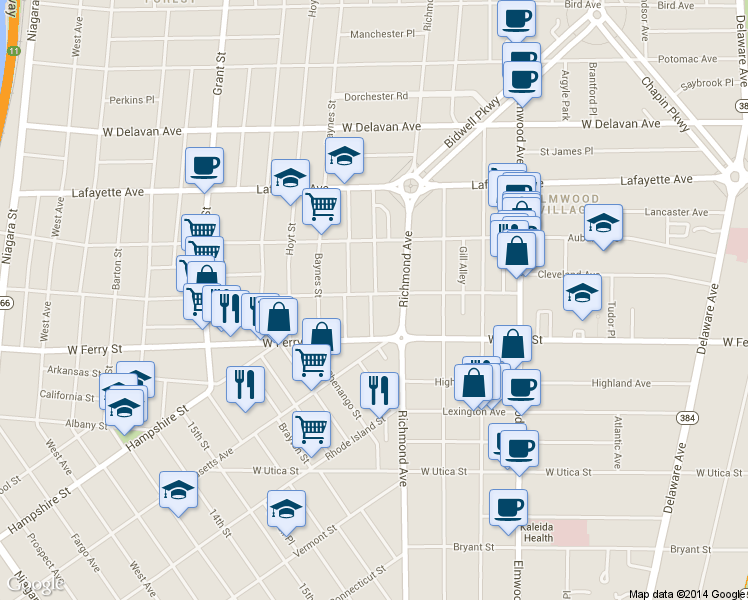 map of restaurants, bars, coffee shops, grocery stores, and more near 32 Livingston Street in Buffalo