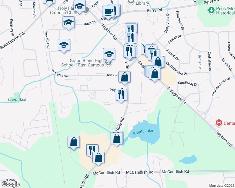 map of restaurants, bars, coffee shops, grocery stores, and more near 12640 Holly Road in Grand Blanc