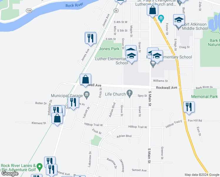 map of restaurants, bars, coffee shops, grocery stores, and more near 912 Peterson Street in Fort Atkinson