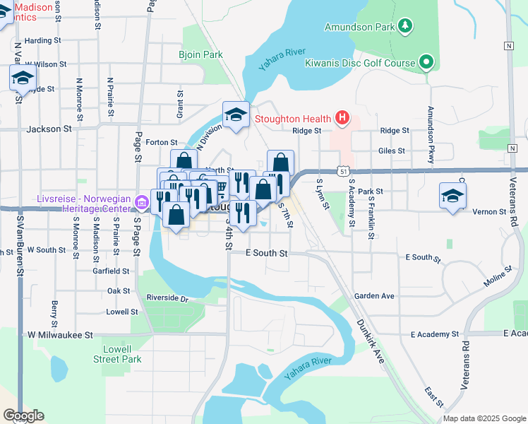 map of restaurants, bars, coffee shops, grocery stores, and more near 300 South 6th Street in Stoughton