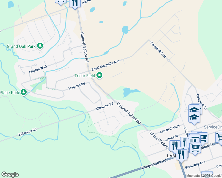 map of restaurants, bars, coffee shops, grocery stores, and more near 3832 Colonel Talbot Road in London