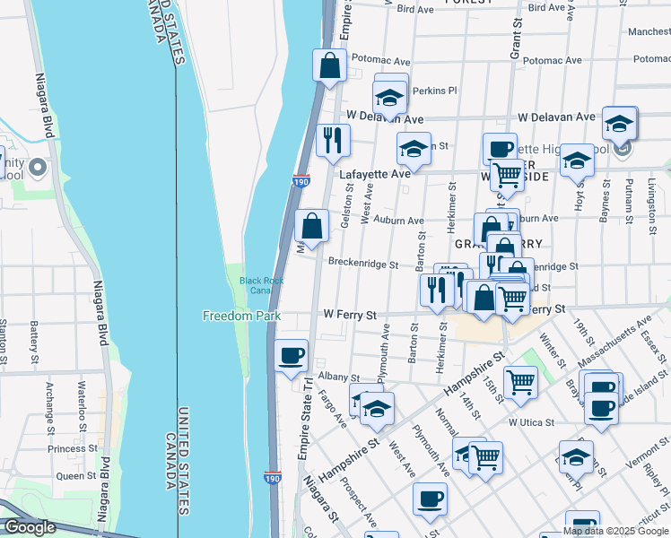 map of restaurants, bars, coffee shops, grocery stores, and more near 54 Gelston Street in Buffalo