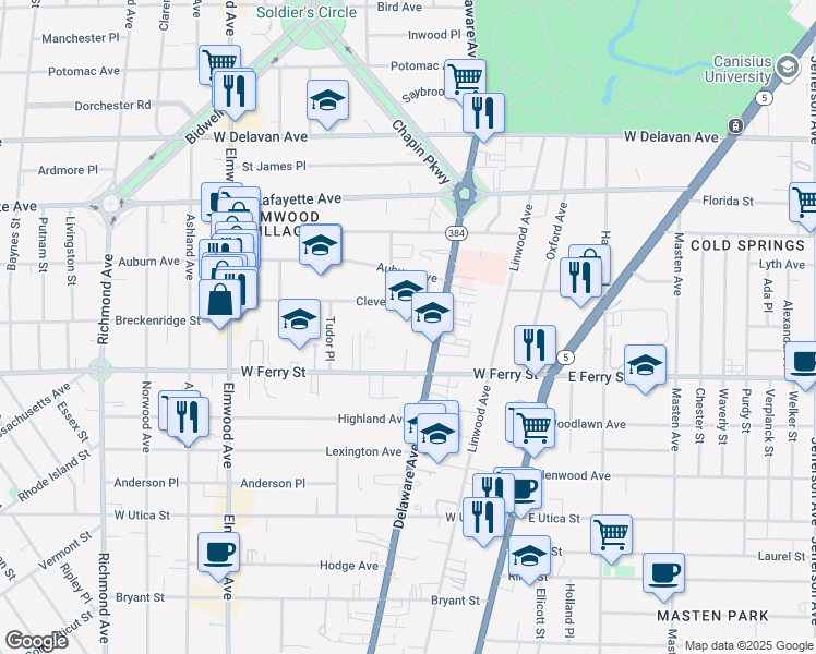 map of restaurants, bars, coffee shops, grocery stores, and more near 1180 Delaware Avenue in Buffalo