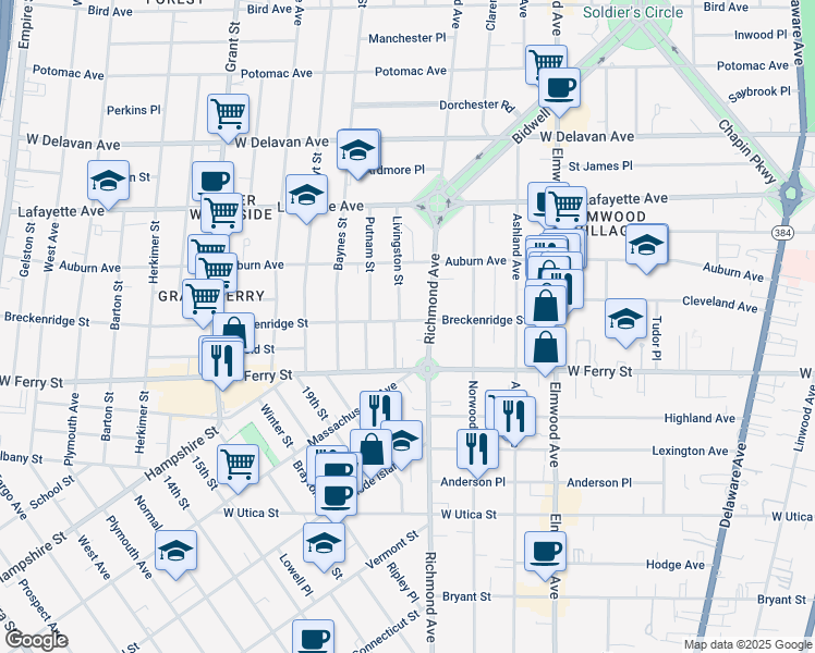 map of restaurants, bars, coffee shops, grocery stores, and more near 32 Livingston Street in Buffalo