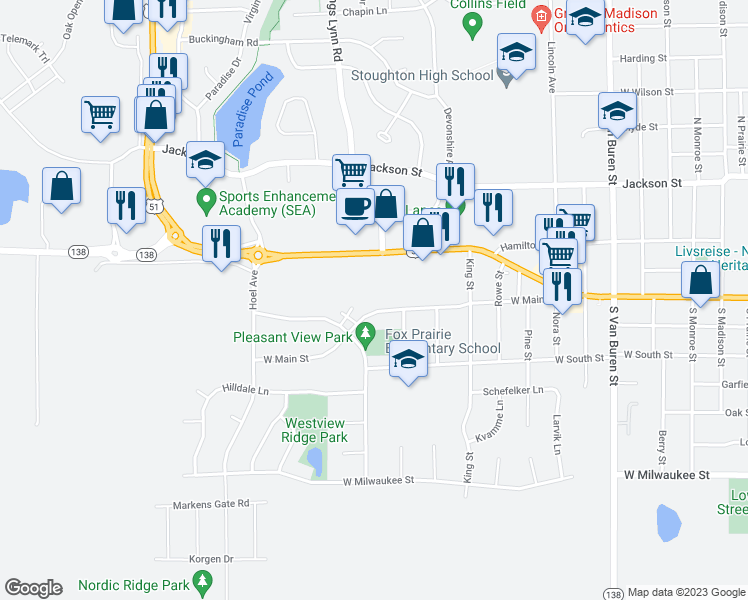 map of restaurants, bars, coffee shops, grocery stores, and more near 1716 West Main Street in Stoughton