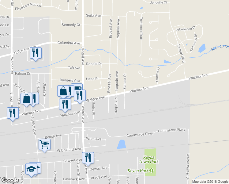 map of restaurants, bars, coffee shops, grocery stores, and more near 3690 Walden Avenue in Lancaster