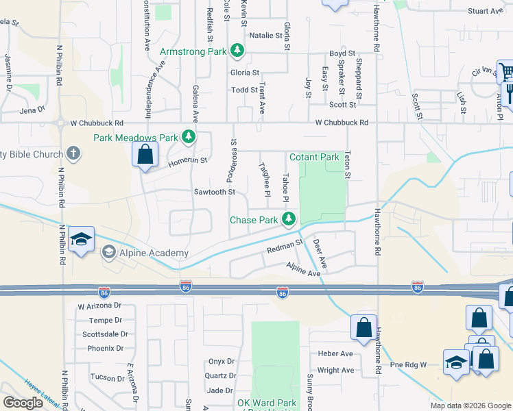 map of restaurants, bars, coffee shops, grocery stores, and more near 765 Bonanza Avenue in Pocatello