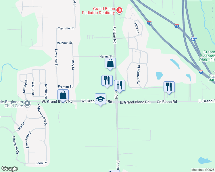 map of restaurants, bars, coffee shops, grocery stores, and more near 7470 Fenton Road in Grand Blanc