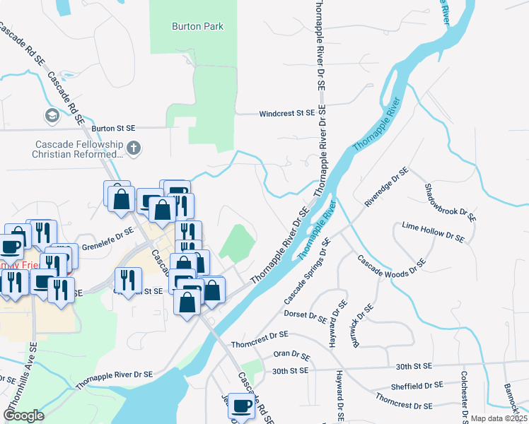 map of restaurants, bars, coffee shops, grocery stores, and more near 2615 Shagbark Avenue Southeast in Grand Rapids
