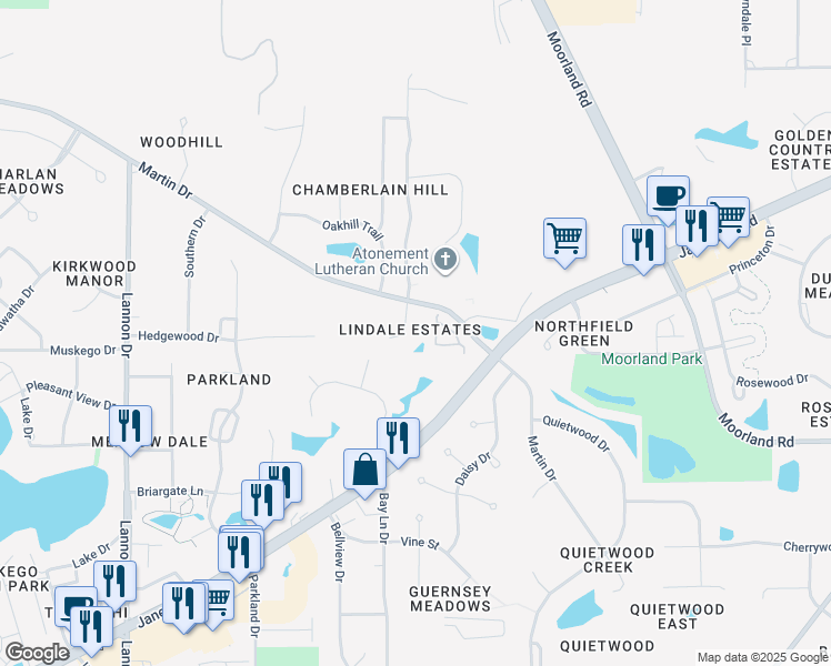 map of restaurants, bars, coffee shops, grocery stores, and more near S70W16367 Hedgewood Drive in Muskego