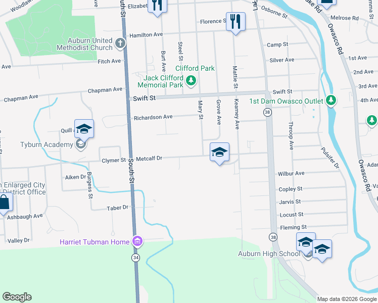 map of restaurants, bars, coffee shops, grocery stores, and more near 39 Metcalf Drive in Auburn