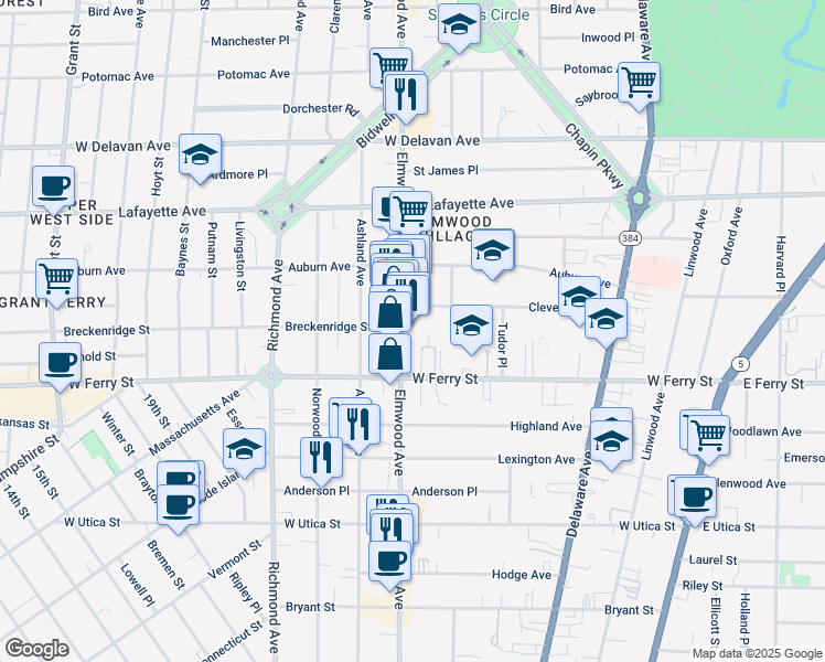 map of restaurants, bars, coffee shops, grocery stores, and more near 13 Brittany Lane in Buffalo