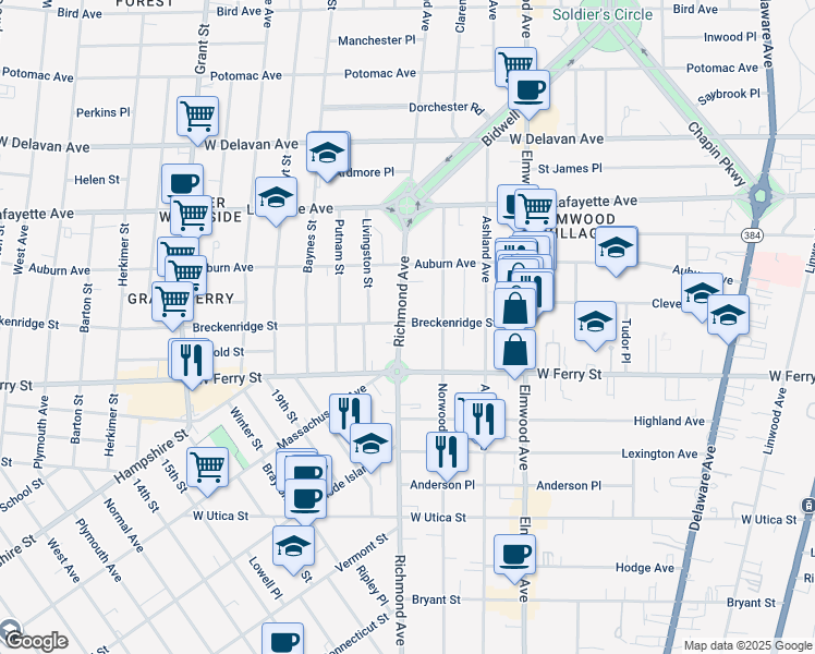 map of restaurants, bars, coffee shops, grocery stores, and more near 515 Richmond Avenue in Buffalo