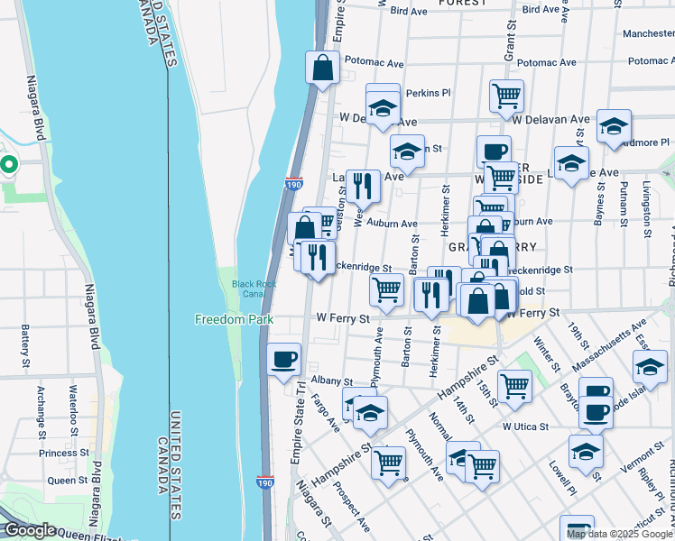 map of restaurants, bars, coffee shops, grocery stores, and more near 54 Gelston Street in Buffalo