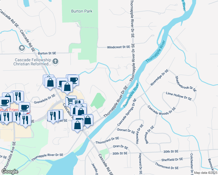 map of restaurants, bars, coffee shops, grocery stores, and more near 2615 Shagbark Avenue Southeast in Grand Rapids