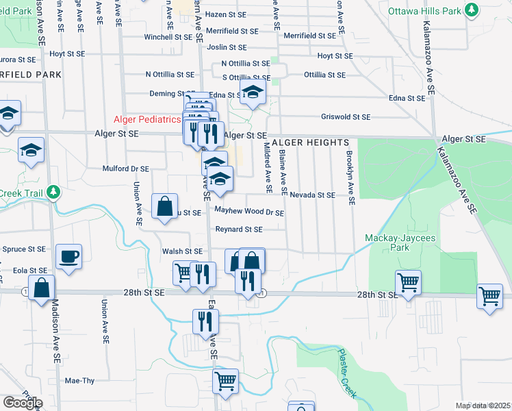 map of restaurants, bars, coffee shops, grocery stores, and more near 908 Mayhew Wood Drive Southeast in Grand Rapids