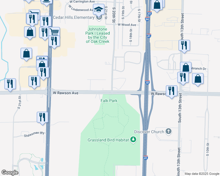 map of restaurants, bars, coffee shops, grocery stores, and more near 2010 West Rawson Avenue in Oak Creek