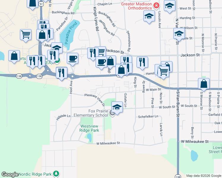 map of restaurants, bars, coffee shops, grocery stores, and more near 1716 West Main Street in Stoughton