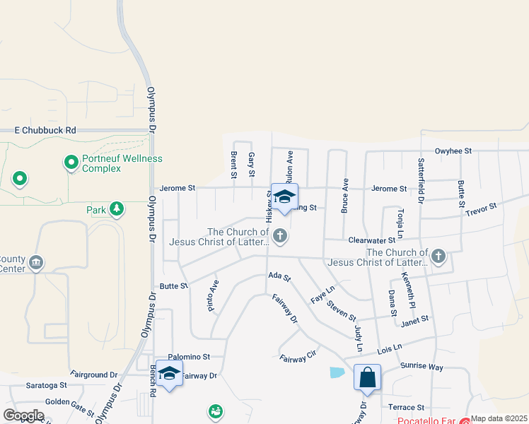 map of restaurants, bars, coffee shops, grocery stores, and more near 2277 Elmore Street in Pocatello