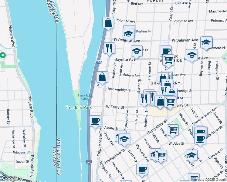map of restaurants, bars, coffee shops, grocery stores, and more near 54 Gelston Street in Buffalo