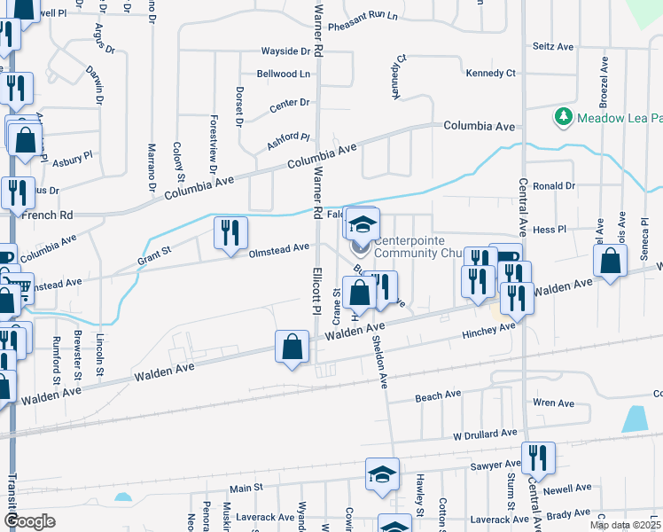 map of restaurants, bars, coffee shops, grocery stores, and more near 84 Crane Street in Depew