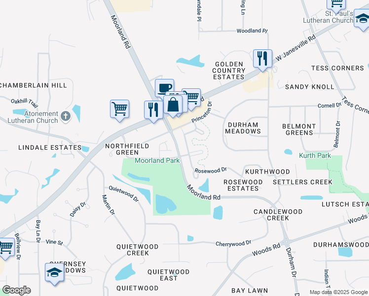 map of restaurants, bars, coffee shops, grocery stores, and more near W153S7033 Rosewood Drive in Muskego