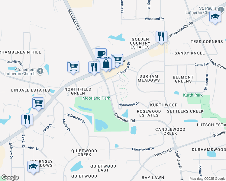 map of restaurants, bars, coffee shops, grocery stores, and more near W153S7033 Rosewood Drive in Muskego