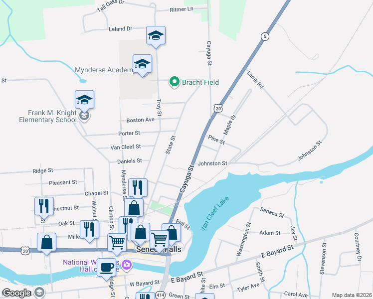 map of restaurants, bars, coffee shops, grocery stores, and more near 69 Cayuga Street in Seneca Falls