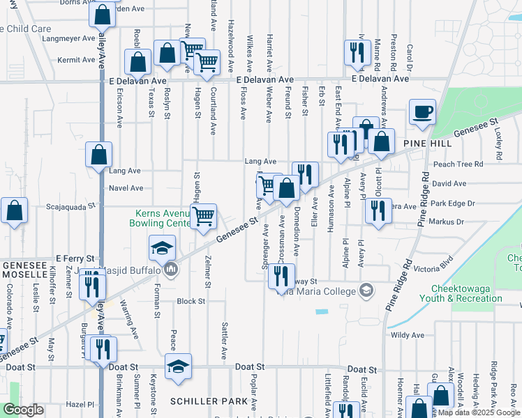 map of restaurants, bars, coffee shops, grocery stores, and more near in Buffalo