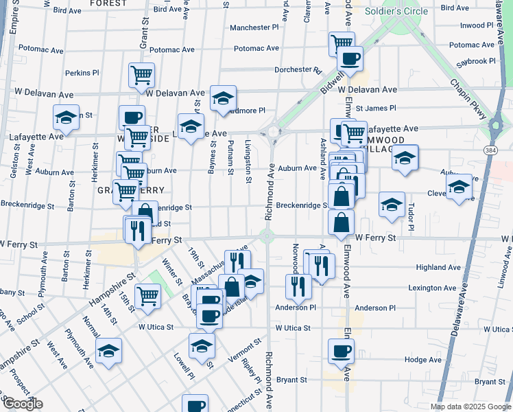 map of restaurants, bars, coffee shops, grocery stores, and more near 32 Livingston Street in Buffalo