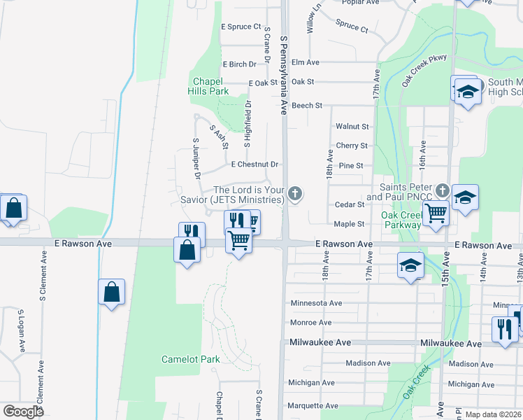map of restaurants, bars, coffee shops, grocery stores, and more near 7041 South Pennsylvania Avenue in Oak Creek