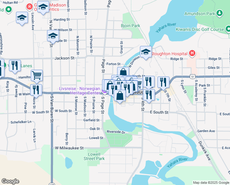 map of restaurants, bars, coffee shops, grocery stores, and more near 193 West Main Street in Stoughton
