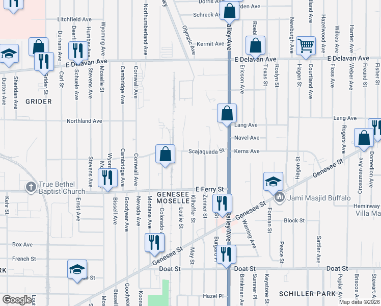 map of restaurants, bars, coffee shops, grocery stores, and more near 196 Kilhoffer Street in Buffalo