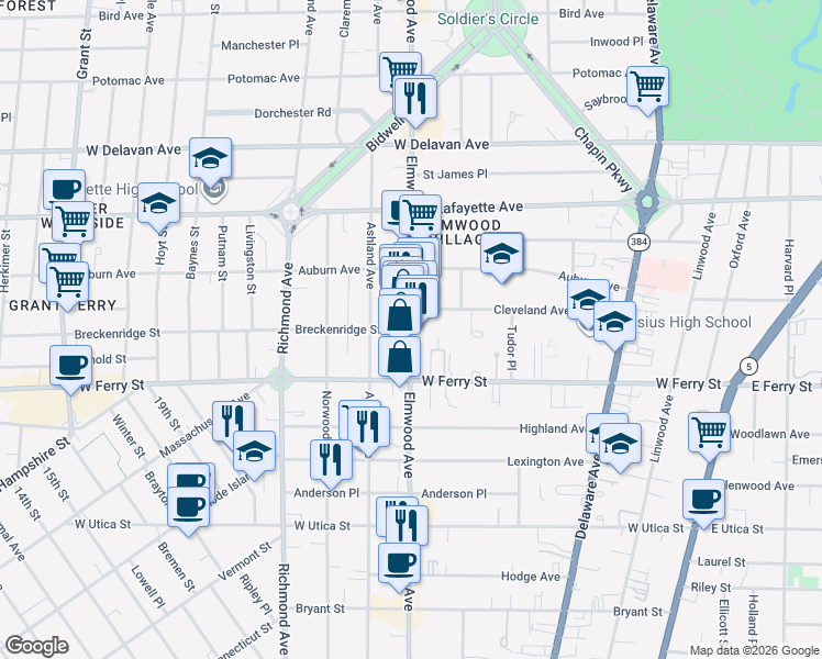 map of restaurants, bars, coffee shops, grocery stores, and more near Elmwood Avenue & Breckenridge Street in Buffalo