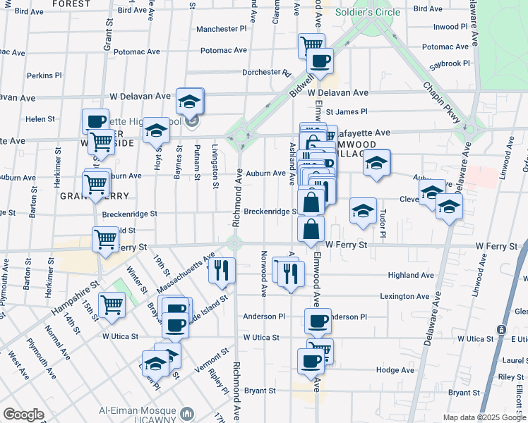 map of restaurants, bars, coffee shops, grocery stores, and more near Breckenridge Street & Norwood Avenue in Buffalo