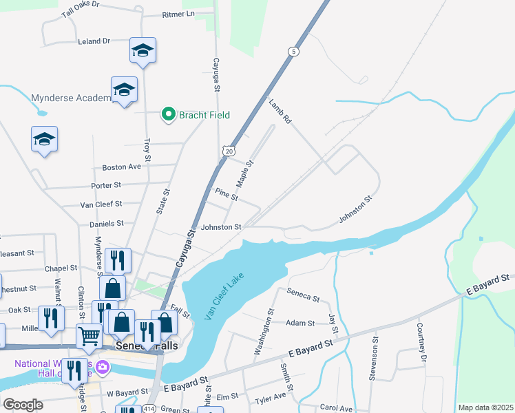 map of restaurants, bars, coffee shops, grocery stores, and more near 101 Pine Street in Seneca Falls