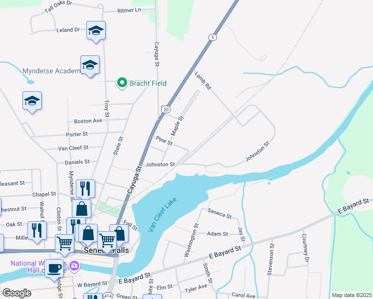 map of restaurants, bars, coffee shops, grocery stores, and more near 101 Pine Street in Seneca Falls