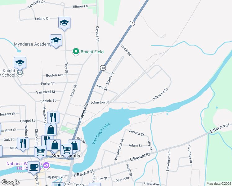 map of restaurants, bars, coffee shops, grocery stores, and more near 104 Pine Street in Seneca Falls