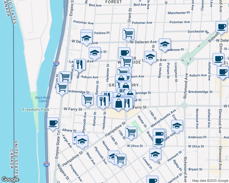 map of restaurants, bars, coffee shops, grocery stores, and more near 262 Breckenridge Street in Buffalo
